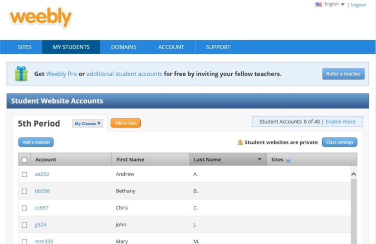A screen shot of Weebly's admin page, where the teacher can edit and add student accounts
