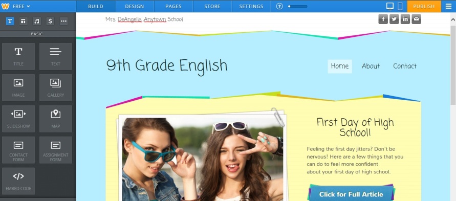 An example of a teacher website in edit mode